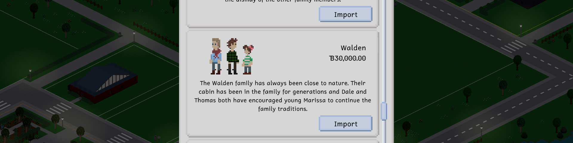 A banner showing part of the household import menu, with the Walden household in the center