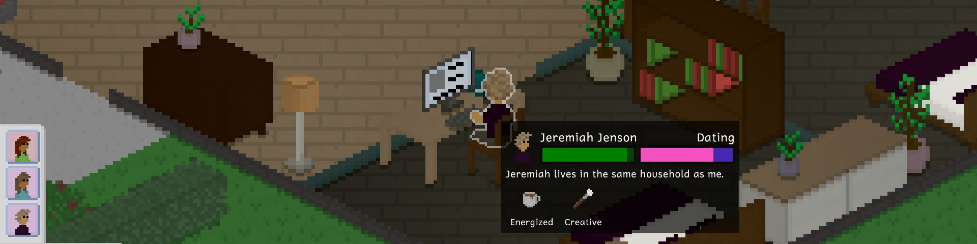 A banner showing a relationship tooltip for a Tiny called Jeremiah Jenson, whom the currently selected Tiny is dating
